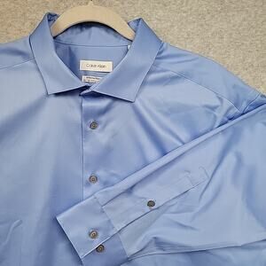 CALVIN KLEIN Men 18 36/37 XXL Slim Tall Blue Non-Iron Dress Shirt 96% Cotton NEW